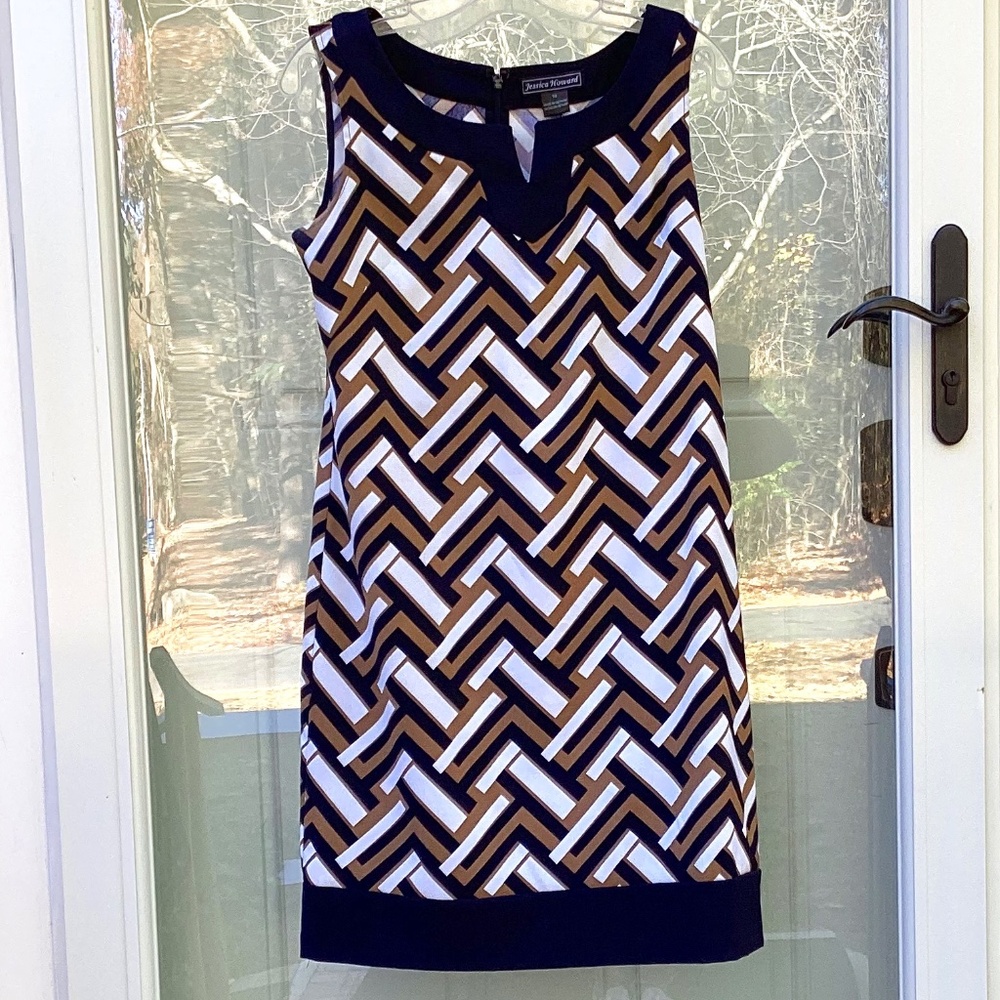 Jessica Howard dress, size 10, sleeveless, navy, camel, cream